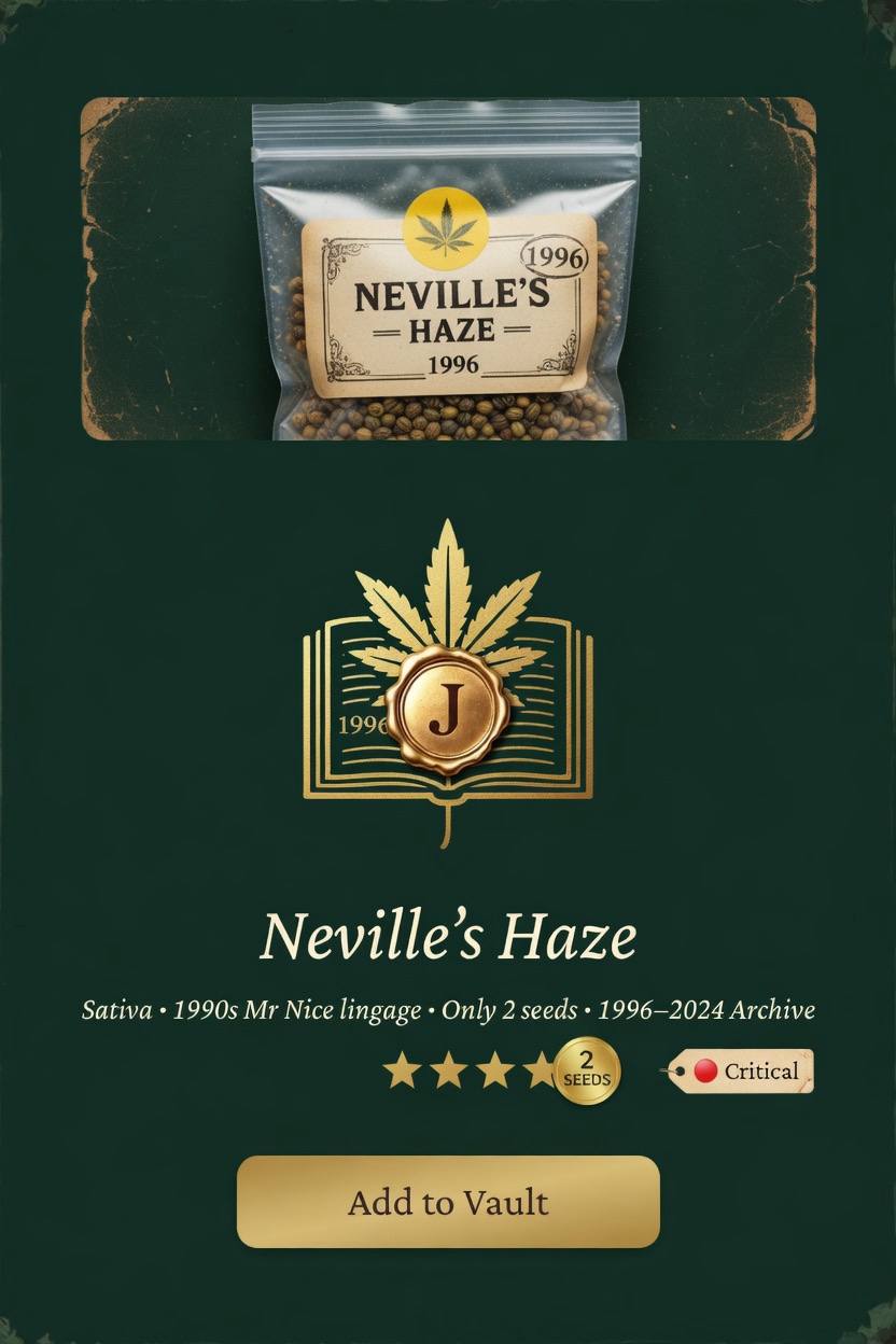 Neville's Haze strain card with ziplock bag
